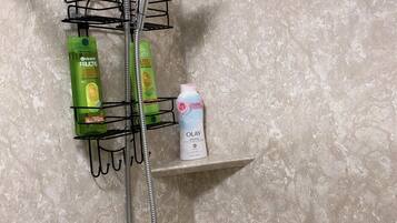 Secadora de cabello, toallas, jabón, shampoo