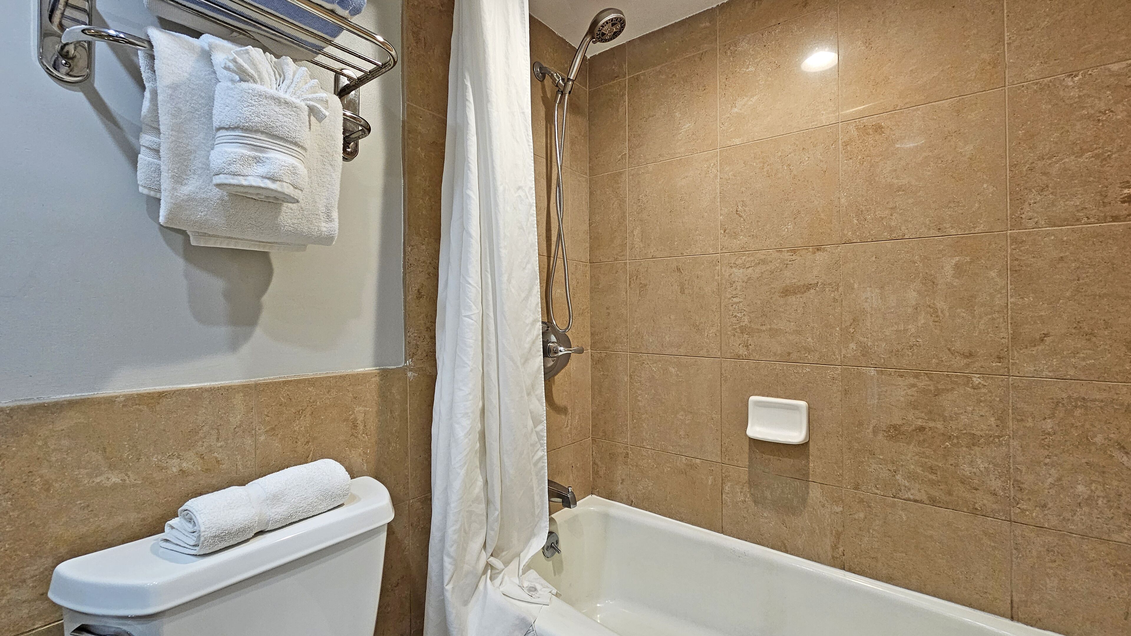 Hair dryer, towels, soap, shampoo