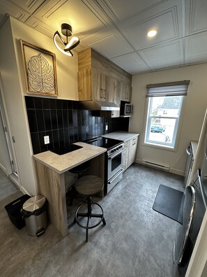 Fridge, microwave, toaster oven, cookware/dishes/utensils