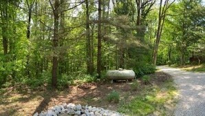 A rustic cabin with a gravel driveway, surrounded by dense forest.