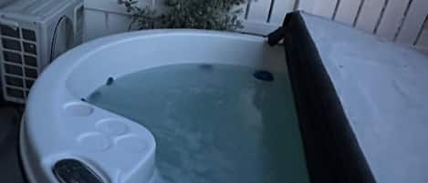 Un jacuzzi con panel de control, una cubierta y una planta cerca.