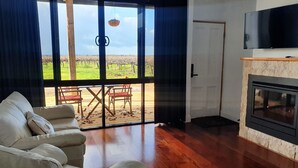 Un salon avec un canapé, un téléviseur et une cheminée.
