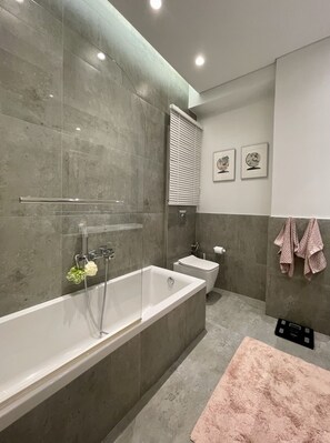 Hair dryer, towels, soap, toilet paper
