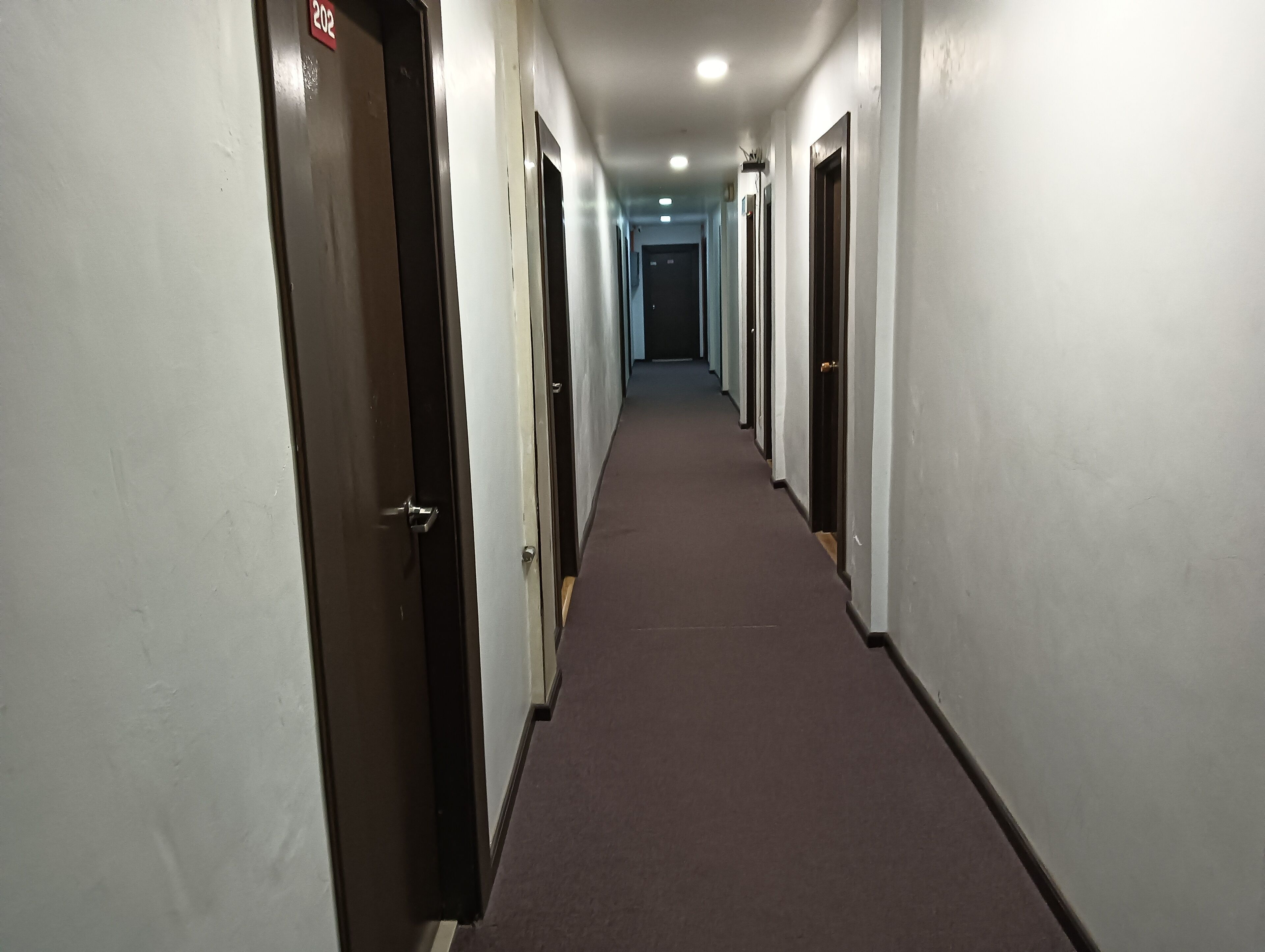 A long, narrow hallway with doors on both sides, leading to individual rooms.