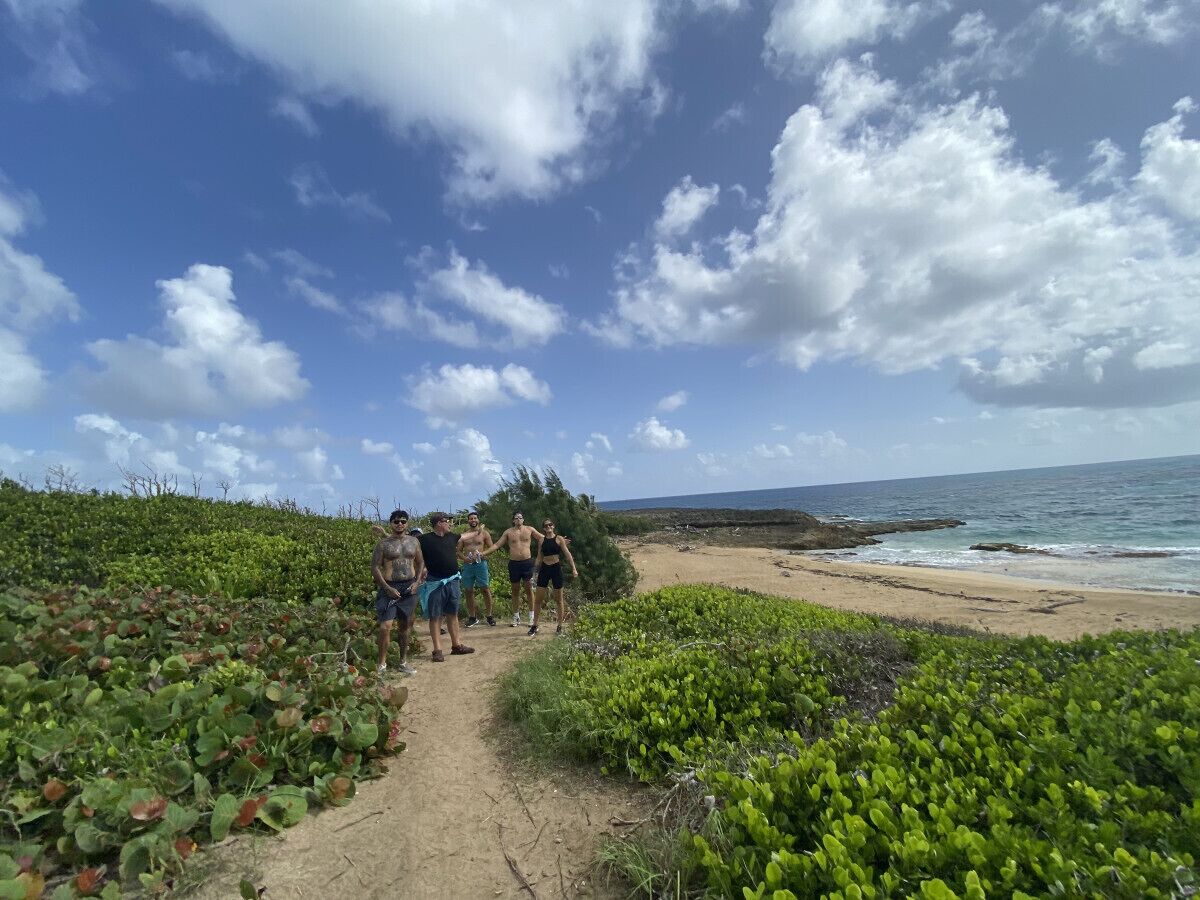Un groupe de personnes se promène sur un chemin de terre bordant une plage, avec une végétation verdoyante et un ciel dégagé.