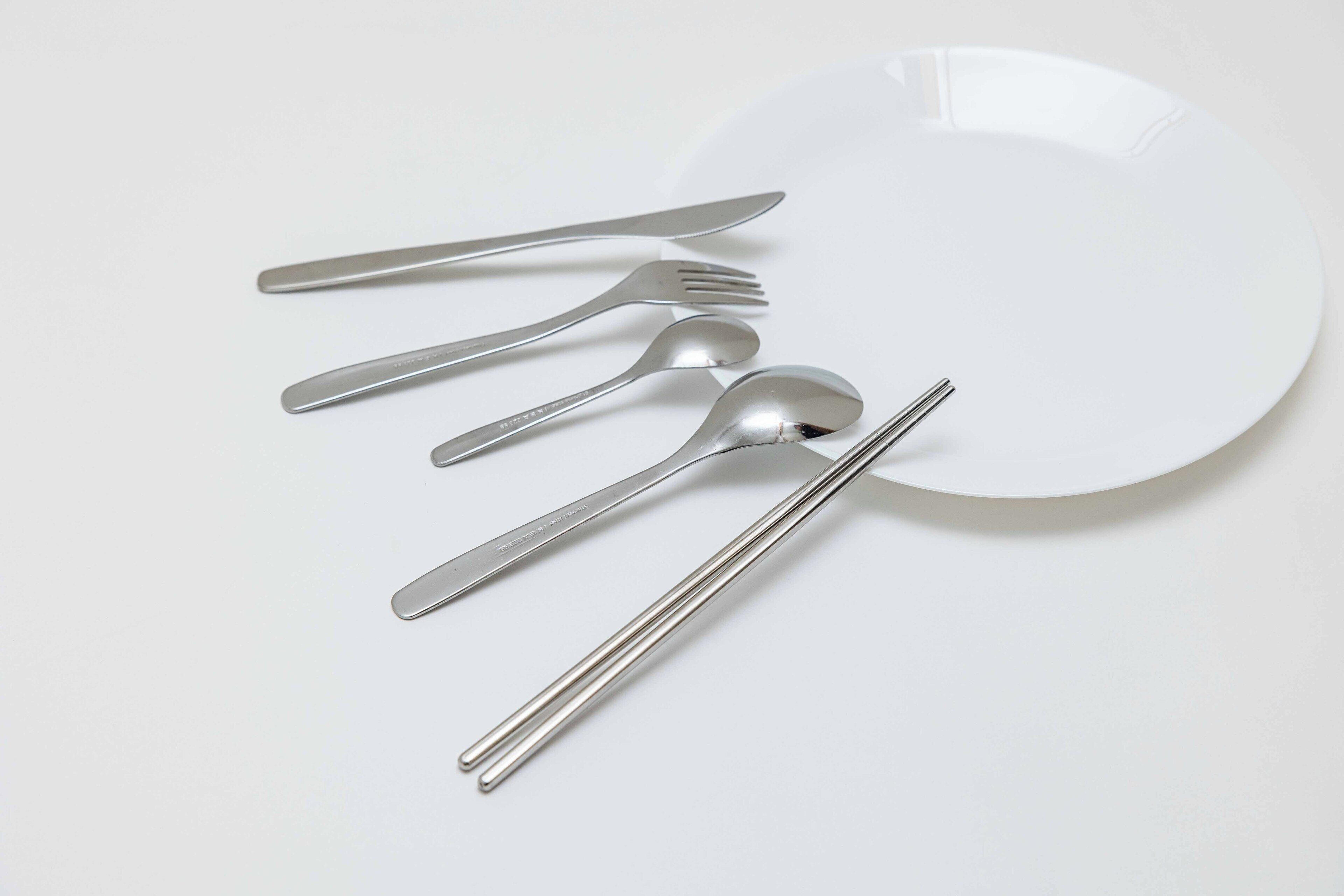 A white plate with a fork, spoon, and knife on a white background.