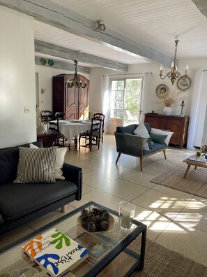 Télévision, cheminée, livres, chaîne hi-fi