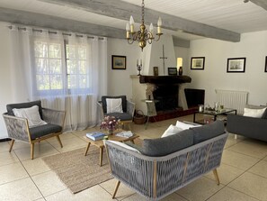 Televisión, chimenea, libros y estéreo