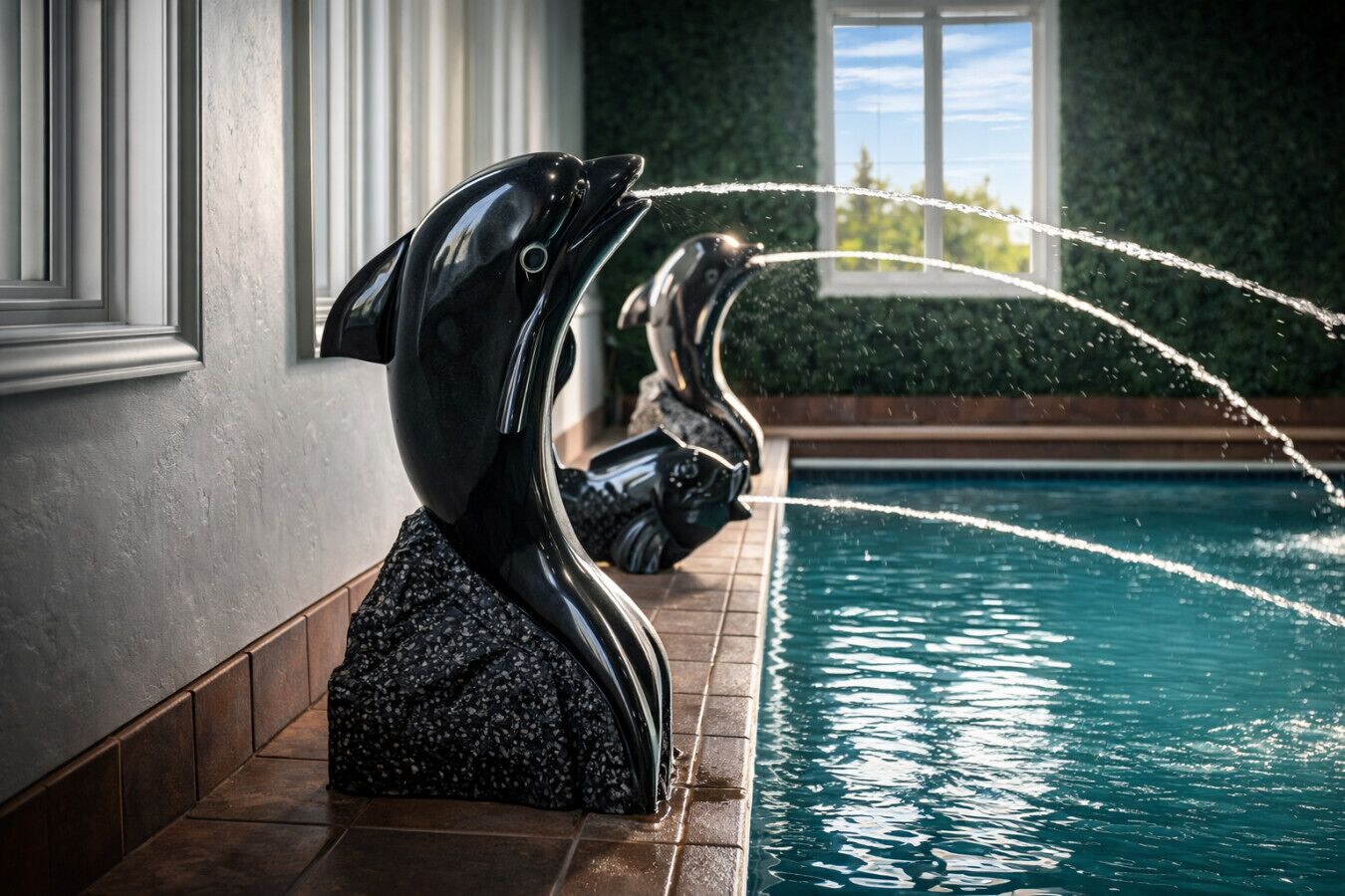 Eine Skulptur eines Delfins am Pool, mit freiem Blick auf das Wasser und einem Fenster im Hintergrund.