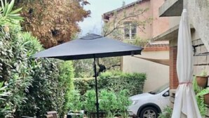Terrassa exterior amb taula rodona i cadires, envoltada de plantes en testos i un cotxe a prop.