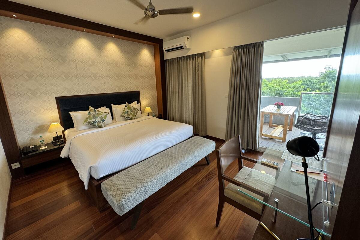 Habitación de hotel con una cama grande, un escritorio con silla, un ventilador de techo y vistas a la vegetación por la ventana.