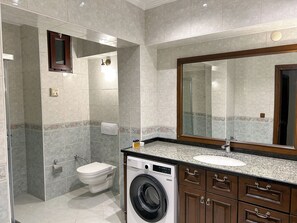 Un baño moderno con lavadora integrada, inodoro y un espejo grande.