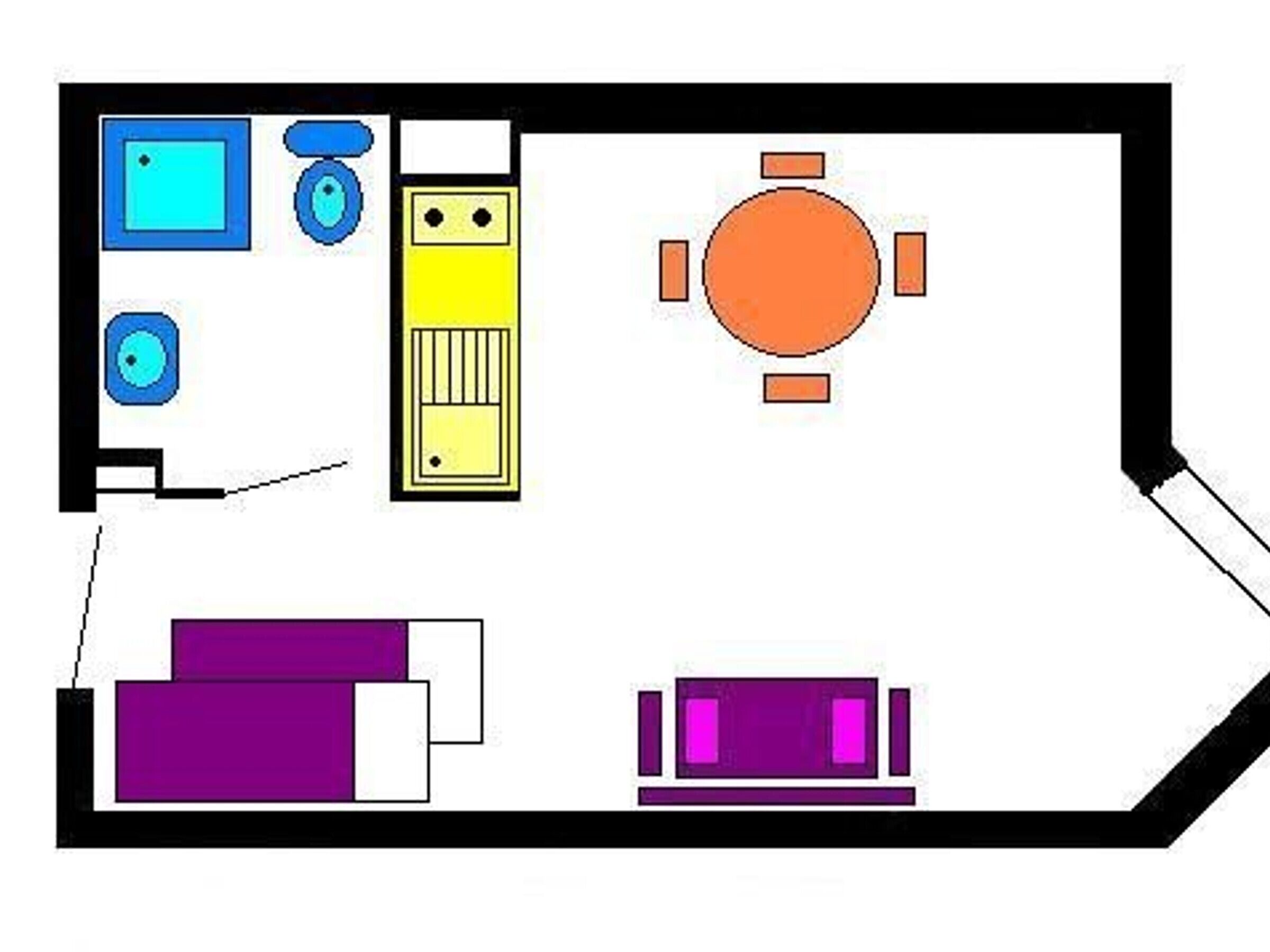 Plànol que mostra una zona de menjador, cuina i dues zones d'estar.
