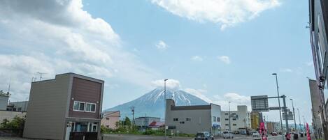A street with buildings, a clear sky, and a mountain in the background.
