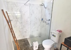 Bathroom features a glass shower enclosure, toilet, and water tank.