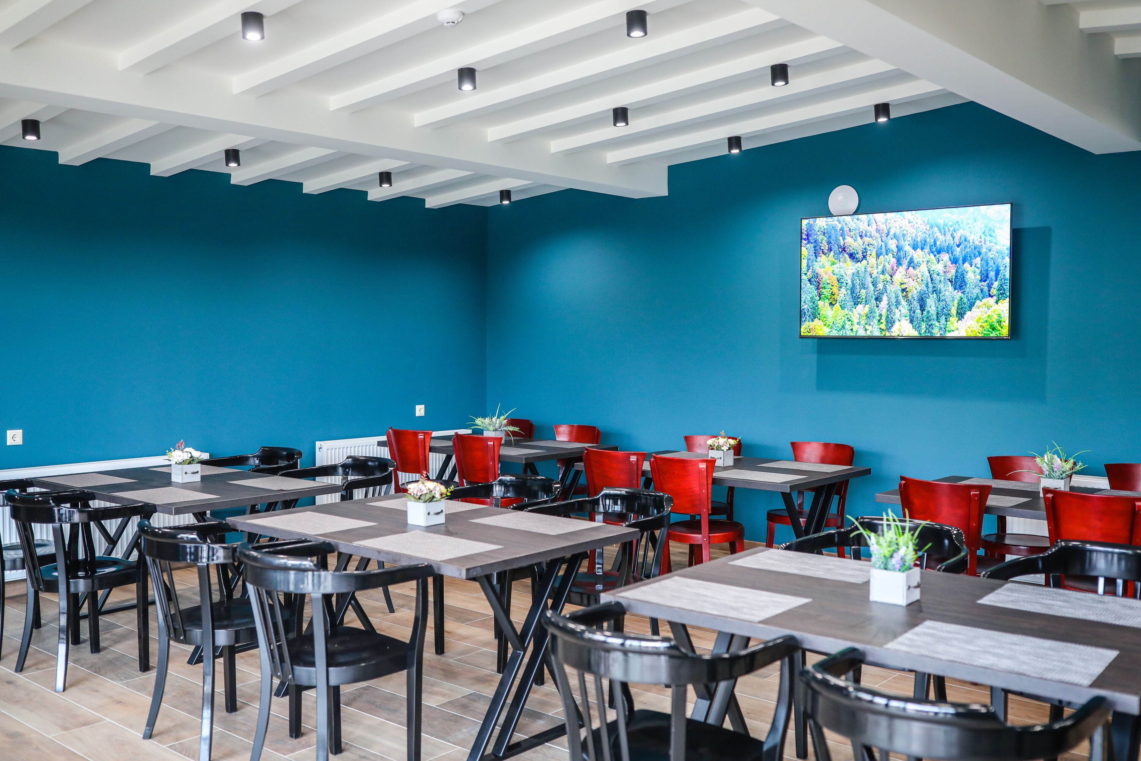 Ein modernes Restaurant mit blauen Wänden, schwarzen und roten Stühlen und einem großen Fernseher an der Wand.