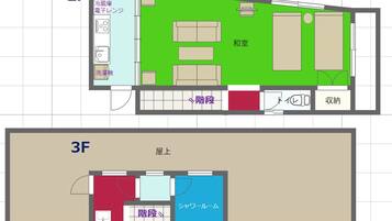 Plano de planta de un hotel con dos pisos. El 2F incluye una sala de estar, un baño y una kitchenette. El 3F cuenta con un comedor, un baño y un cuarto de ducha.