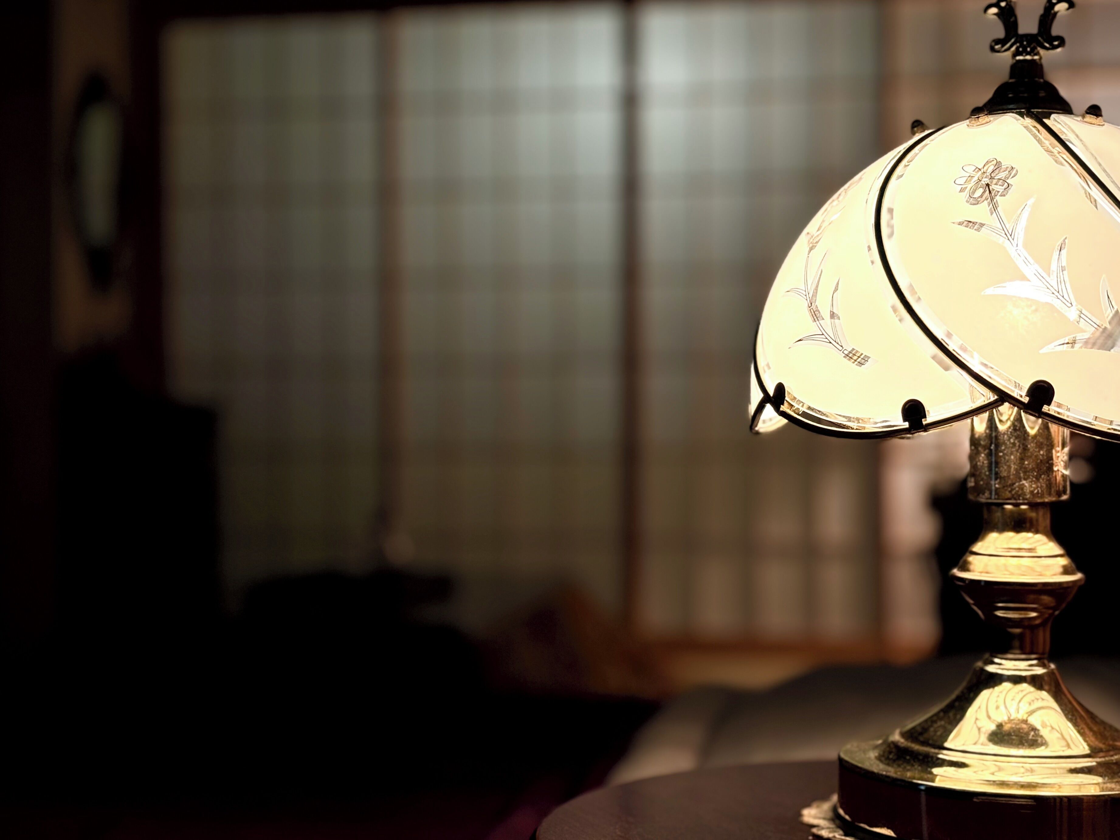 A lamp with a decorative shade and a metallic base.