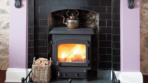 A fireplace with a Wicksaw stove, a framed landscape painting, a shelf with books and a plant, and a wicker basket with logs.