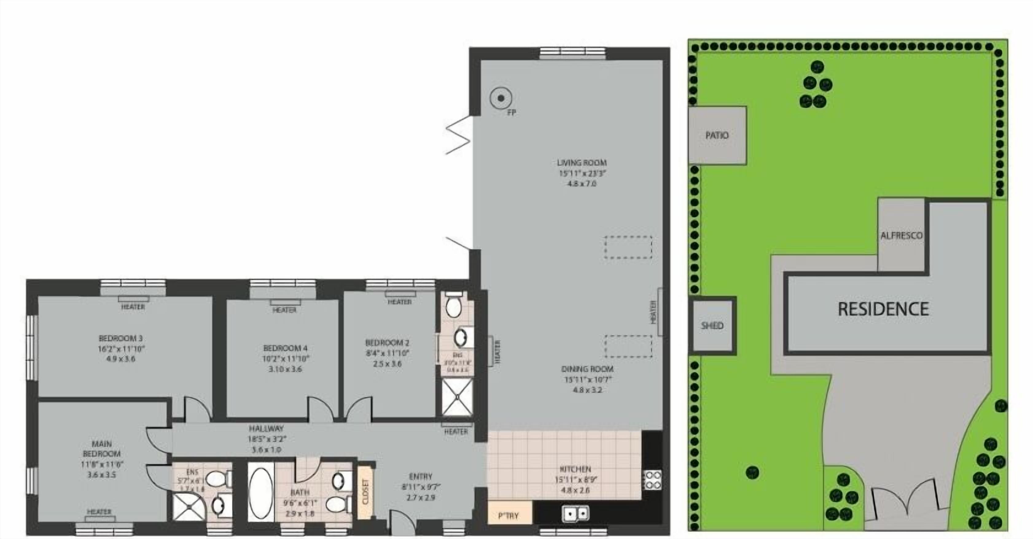 A floor plan of a residence with a living room, dining room, kitchen, main bedroom, two additional bedrooms, a bathroom, and a patio area.