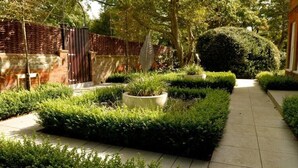 A well-maintained garden with a paved walkway, neatly trimmed hedges, and a large potted plant.