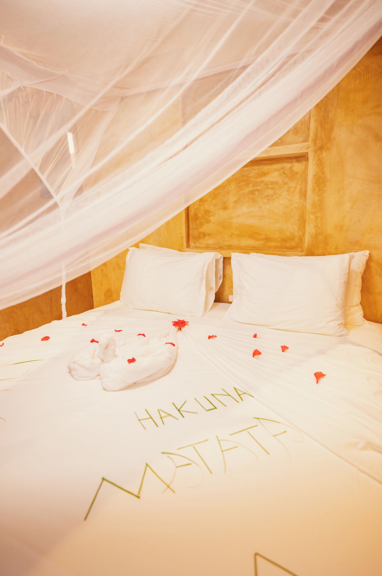 A bed with a canopy, two pillows, and a blanket with 'HAKUNA MATATA' written on it.