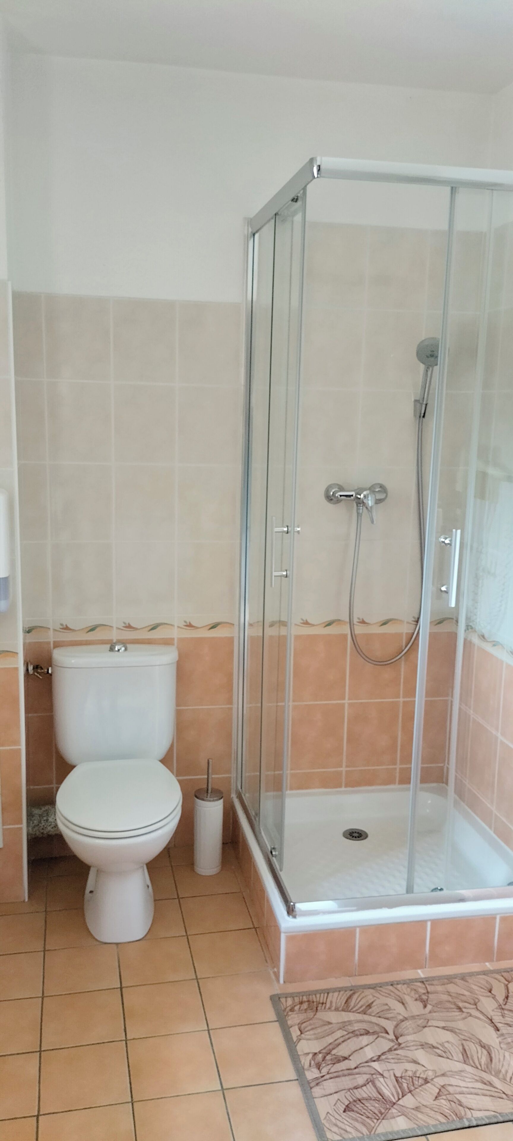 Une salle de bain avec des toilettes, une douche à parois de verre et des murs carrelés.