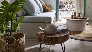 A modern living room with a sofa, a coffee table, and a potted plant. - Syroc Maison (Syros)