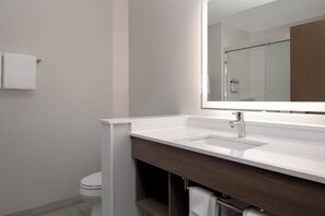 Bathroom features a sink, mirror, and toilet, with a vanity below and a towel rack.