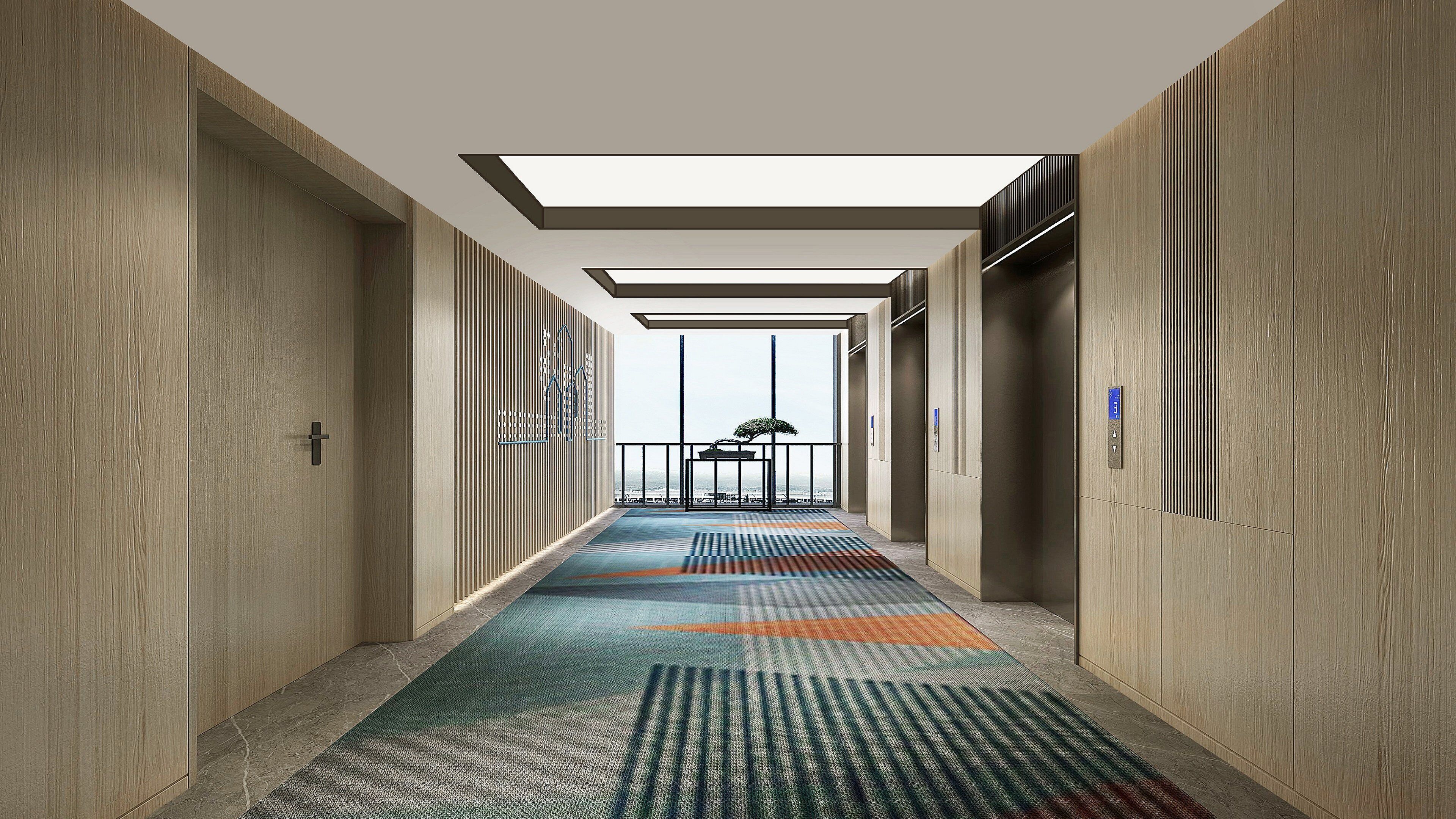 A corridor with a patterned carpet, wooden walls, and a view to a balcony with a plant.
