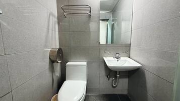 A compact bathroom with a toilet, a sink, and a mirror.