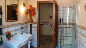 Une salle de bain avec un lavabo, un miroir et une douche.