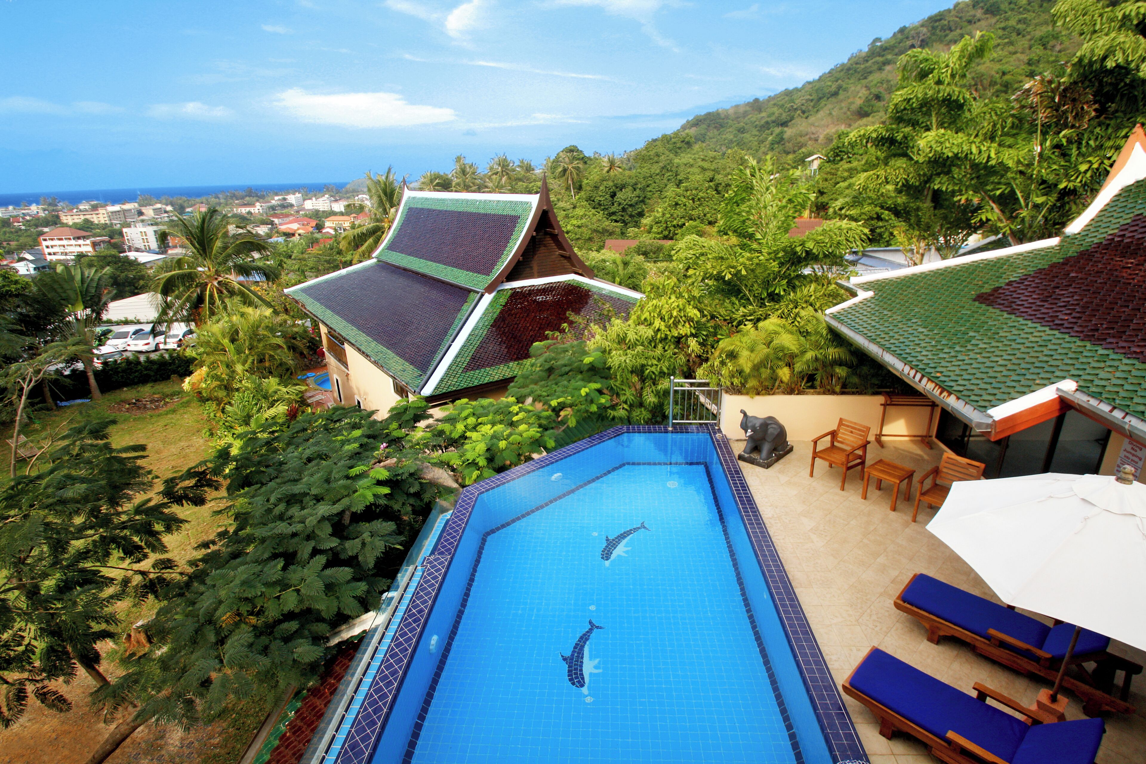 A swimming pool with two dolphins, surrounded by lush greenery and a view of the ocean.