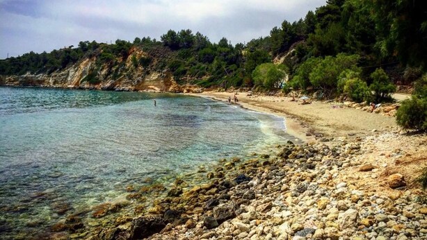 A rocky beach with clear water, a sandy shore, and dense greenery. - The Cerulean Villa - The Concord Of Blue And Green! (Kefalonia)