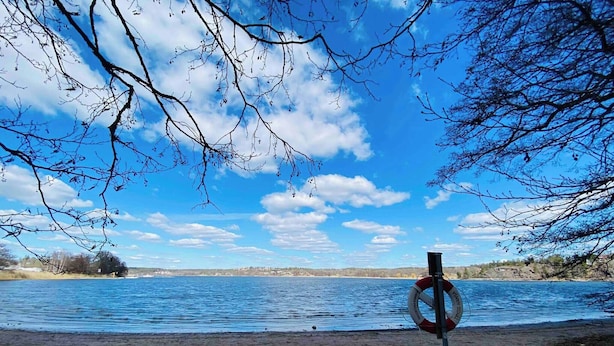 A lifebuoy on a pole by a lake with a clear sky. - Charming Studio Flat In Sollentuna, Stockholm (Sollentuna)