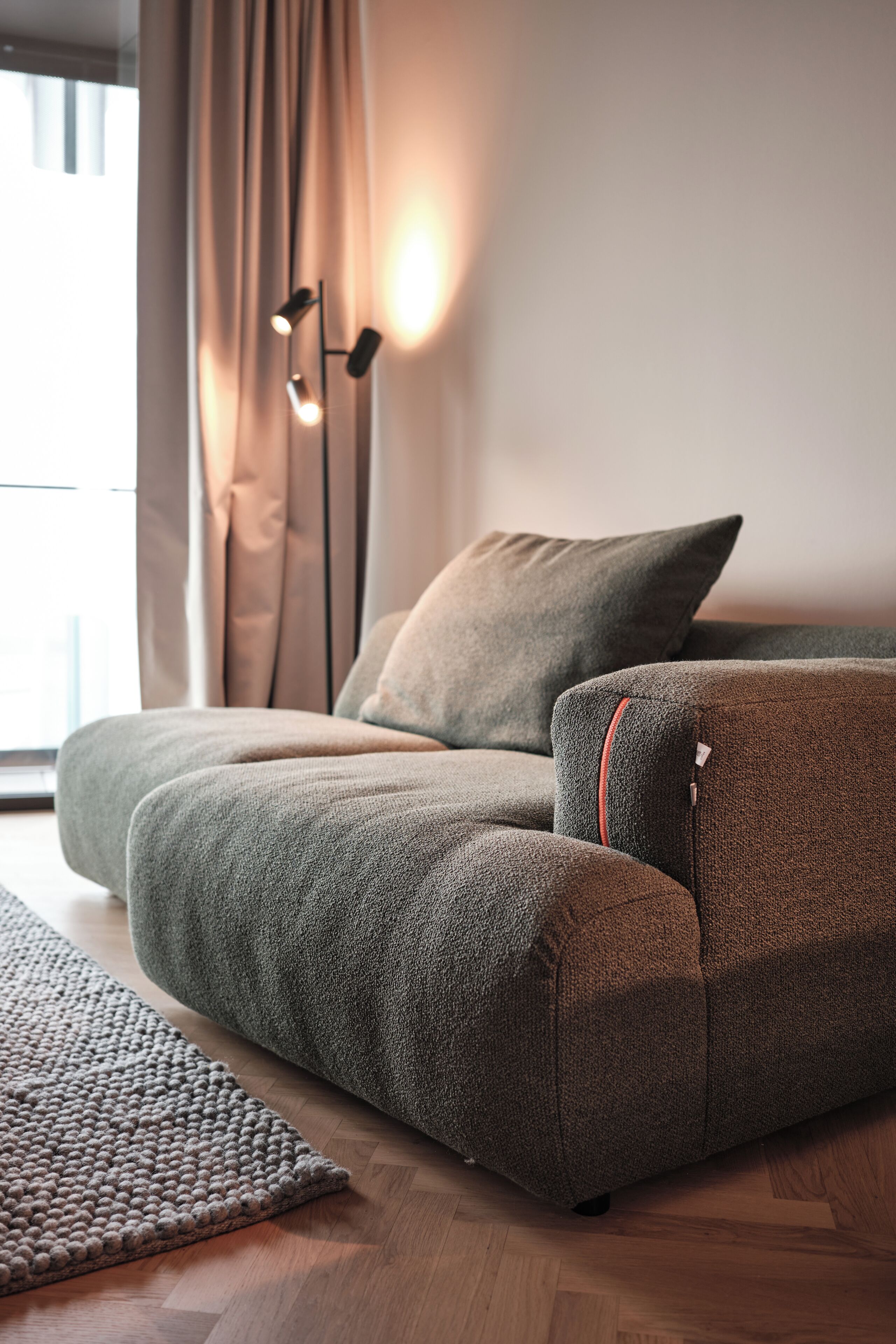 A modern living room with a sectional sofa, a floor lamp, and a rug on a wooden floor.