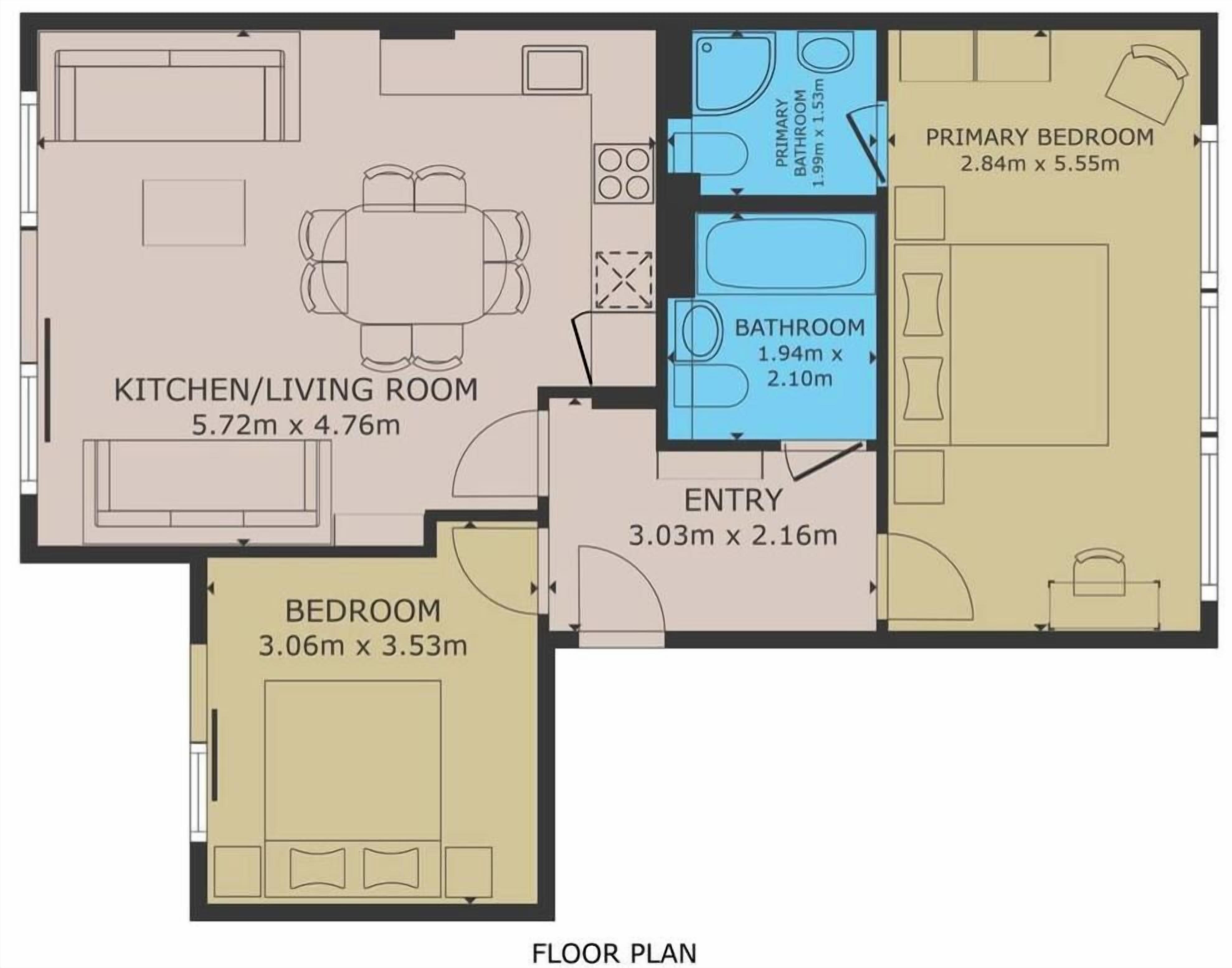 A floor plan with a kitchen/living room, two bathrooms, a bedroom, and an entryway.
