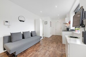 Une chambre moderne avec un canapé gris, un téléviseur à écran plat et une kitchenette.