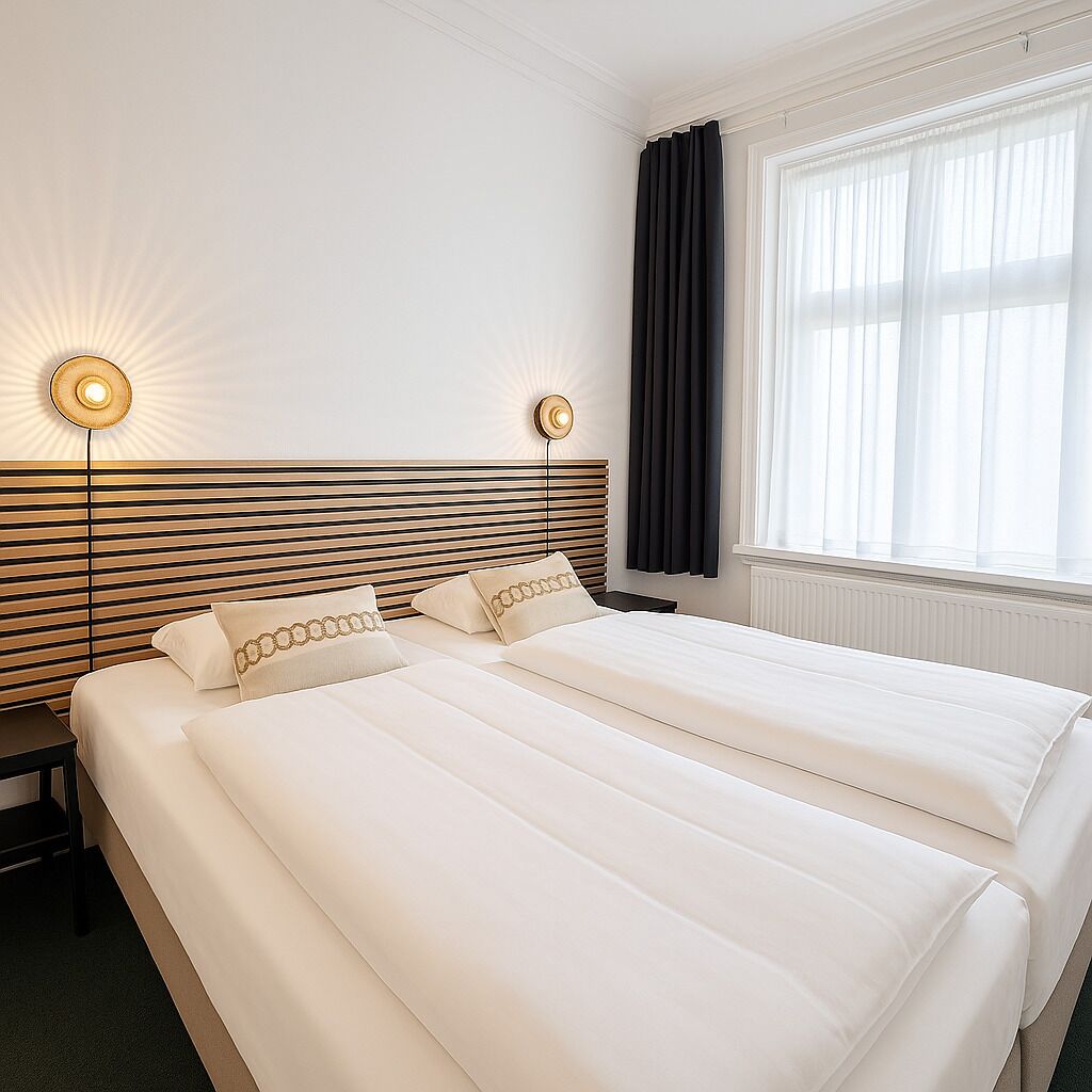Habitación de hotel con dos camas, cabecero de madera, lámparas de noche, una ventana con cortinas y un radiador.