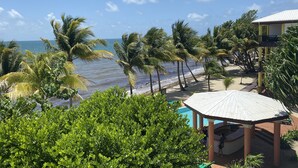Blick auf einen Strand mit Palmen, einem Pool und einem Gebäude mit einer überdachten Terrasse.