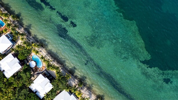 Oversigtsbillede af et resort med swimmingpool, palmer og udsigt over havet.