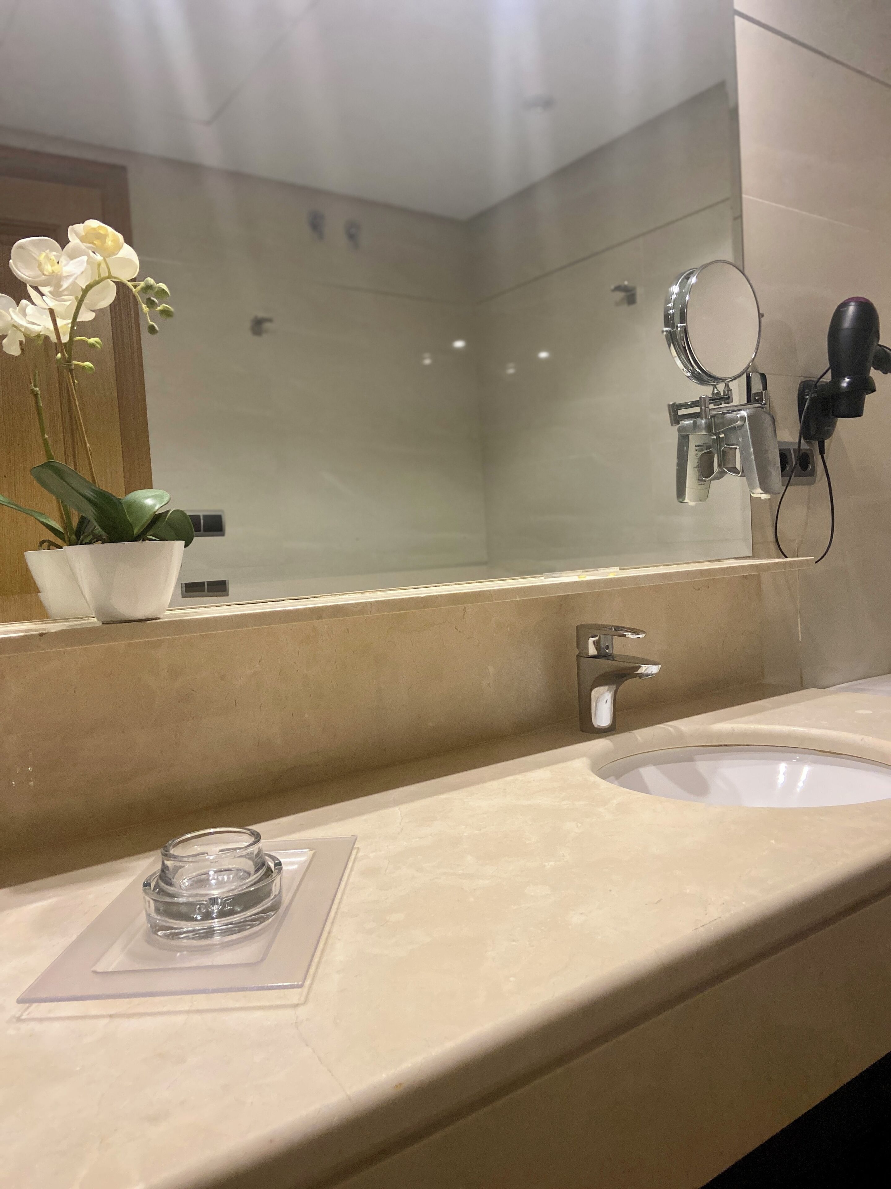 Un baño con dos lavamanos, un espejo, un secador de pelo y una orquídea en maceta.