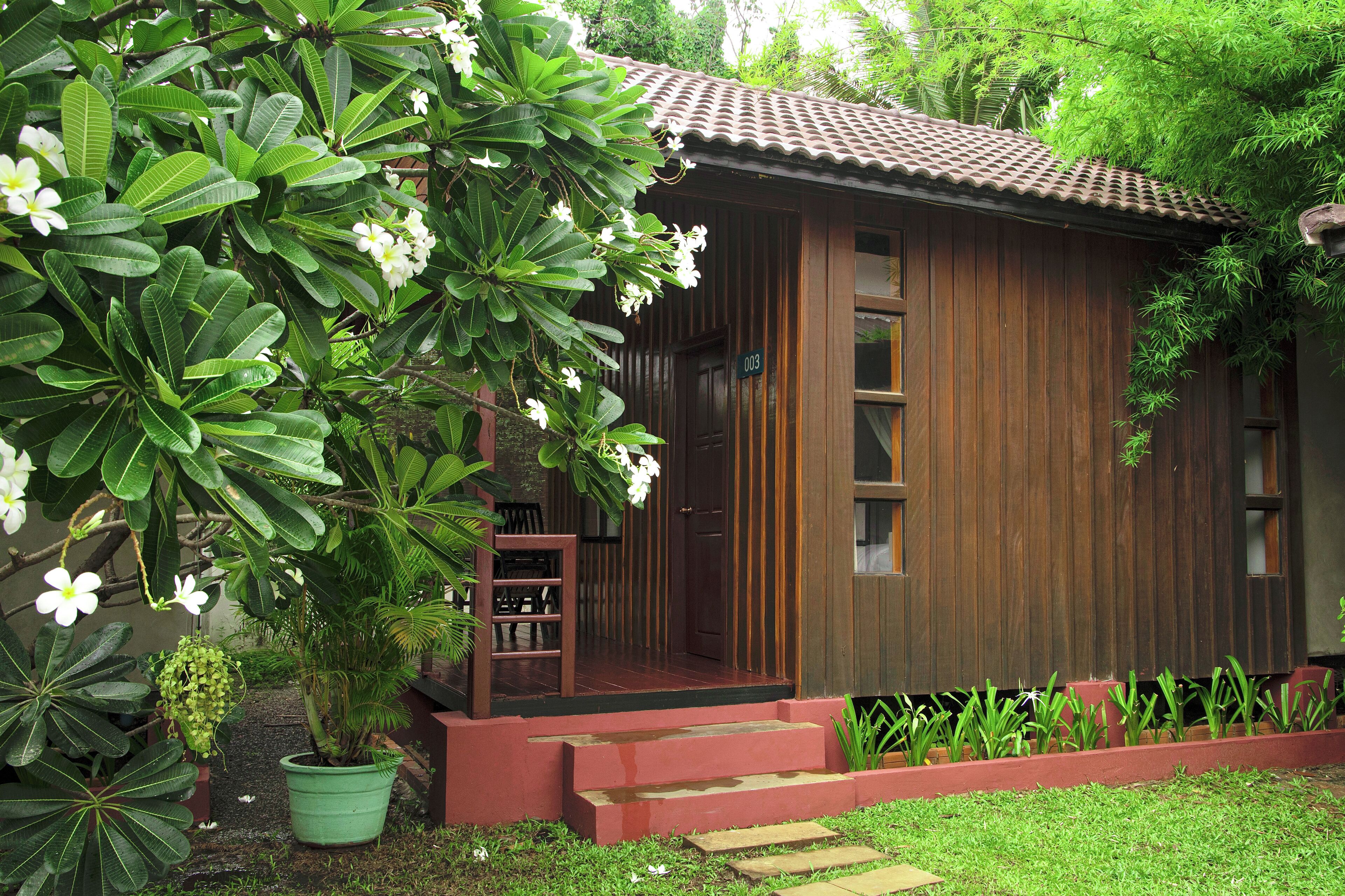 A wooden building with a tiled roof, a porch with steps, and a potted plant.