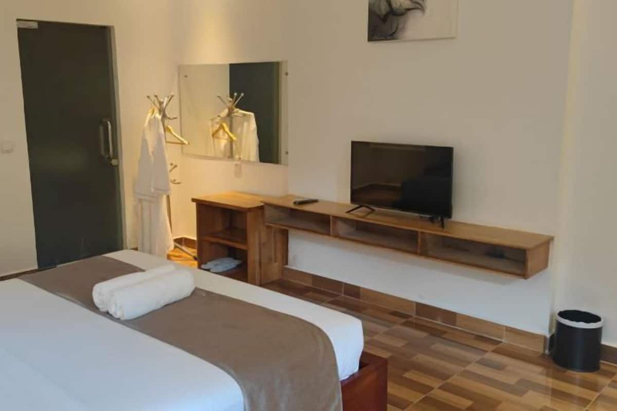 Una habitación de hotel con cama, televisor, escritorio y espejo.