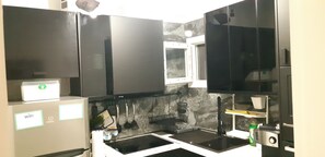 Fridge, microwave, oven, electric kettle