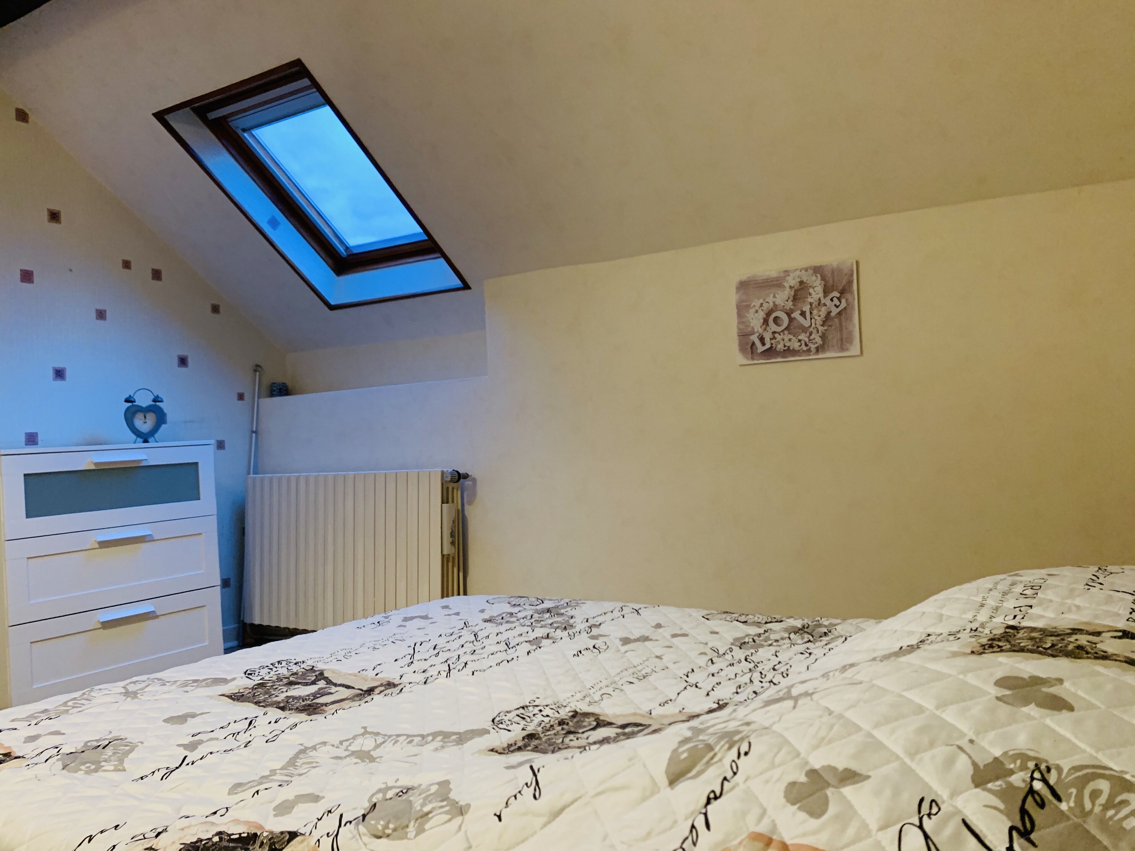 A bedroom with a skylight, a bed with floral bedding, a dresser, and a wall decoration.