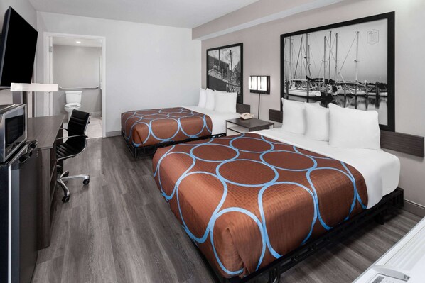 Room, 2 Double Beds, Accessible (Mobility/Hearing, Tub w/Grab bars) | Desk, laptop workspace, bed sheets