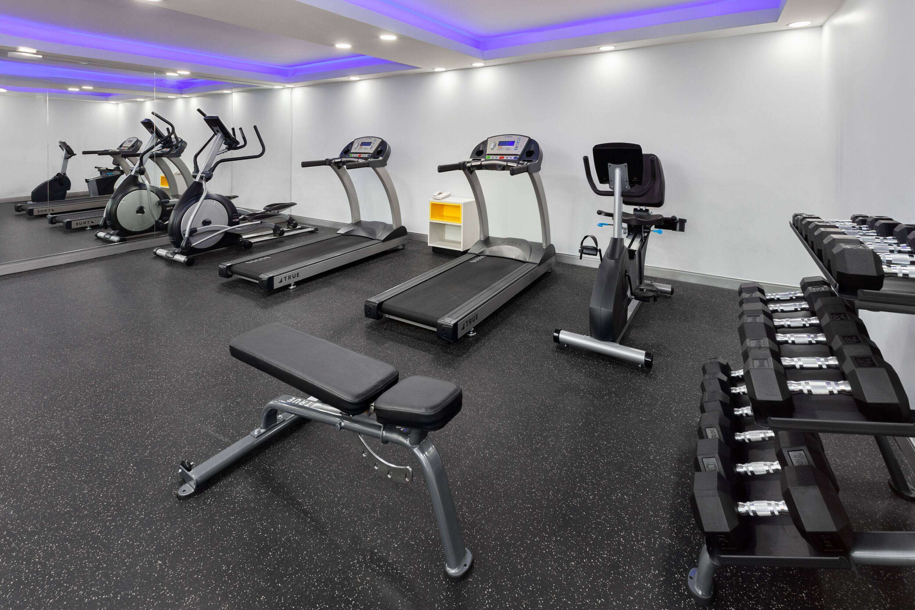 Un gimnasio con cintas de correr, elípticas, una banca y un estante con mancuernas.