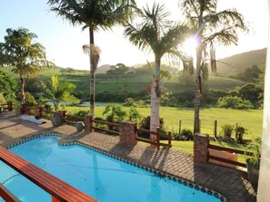 Outdoor pool, pool umbrellas, sun loungers - Farm View Guest House (East London)