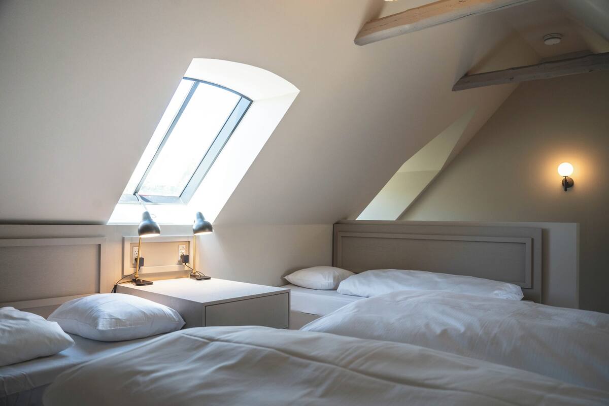 A bedroom with a skylight, two bedside tables, and a headboard.
